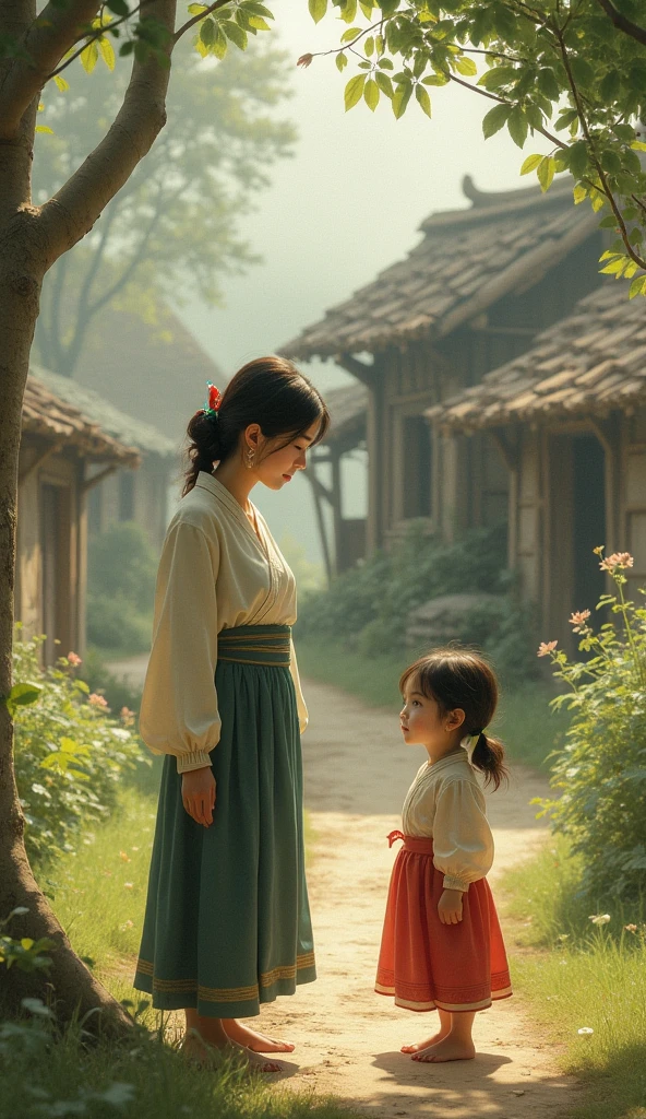A woman with her daughter near a house in the village