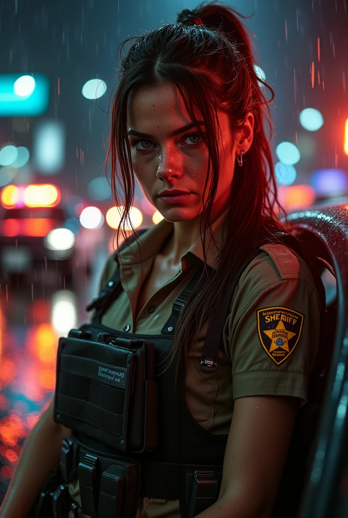 A brunette woman with long pony hair style, honey-colored eyes,  sharp face , with freckles on his nose and cheeks, downcast,  sad, looking at the ground, uniformed as a Sheriff and a sheriff's bulletproof vest, are leaning on a patrol car in a raining environment, the rain is wetting him whole, His hair is soaked, at night and with several patrols with the sirens and lights on, She would have a very wet uniform and her ??????? would look huge and with her ??????