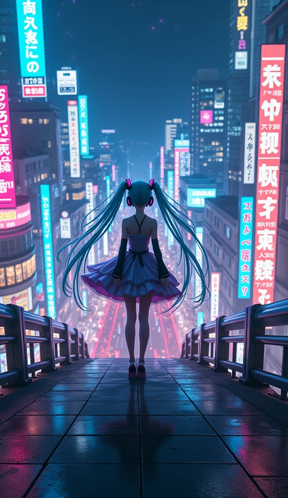 2D graphics Hatsune Miku with long twin tails and original Hatsune Miku's headphones in original Hatsune Miku Dress, looking at the streets of Akihabara on a flyover at Nighttime, Neon Lights, vivid display, futuristic year 3055, 4k UHD Graphics, ultra fine resolution, Do not blur background buildings!! Sharp Focus, intricate details, Ultra Realistic Background, 2D Graphics, camera position a street wide photography, 2D Graphics. camera with full frame focus, Render this scene with clear, legible digital typography for numbers and letters. Include crisp, well-formed Japanese text in the image, clear OCR japanese text. Do make the images exist in real life.