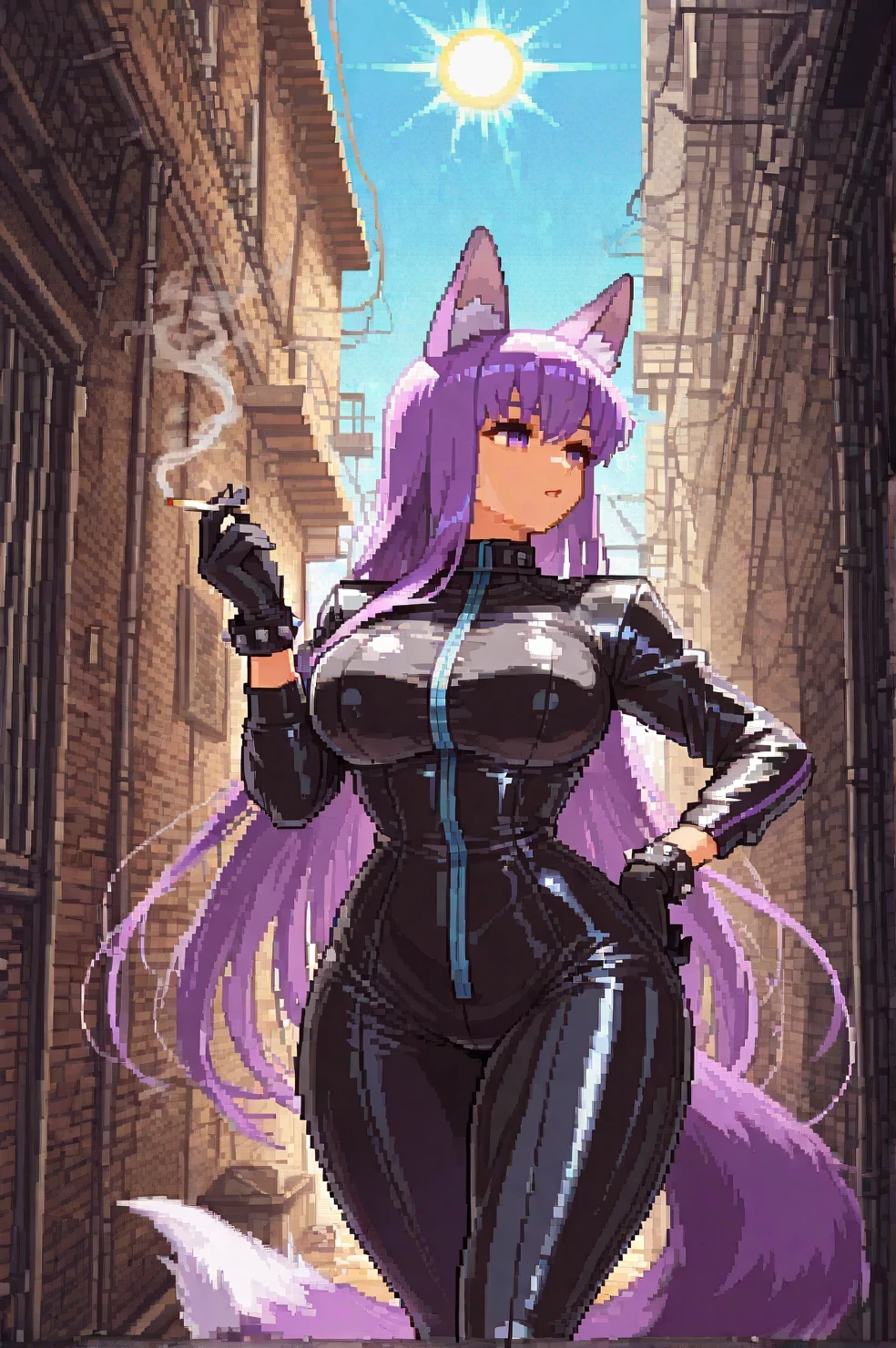 1girl, large ass, biker clothes, black gloves, blue sky, bodysuit, bracelet, breasts, day, gloves, hand on own hip, jacket, large breasts, long hair, long sleeves, outdoors, shiny clothes, skin tight, sky, solo, spiked bracelet, spikes, sun, sunlight, very long hair, csp2pixels, pixel art, pixels, purple hair, purple eyes, purple fox tail, purple fox ears, breasts, thick thighs, wide hips, biker jacket, shiny jacket, next to the wall, alley, smoke, holding cigarette, sakura matou, bb
