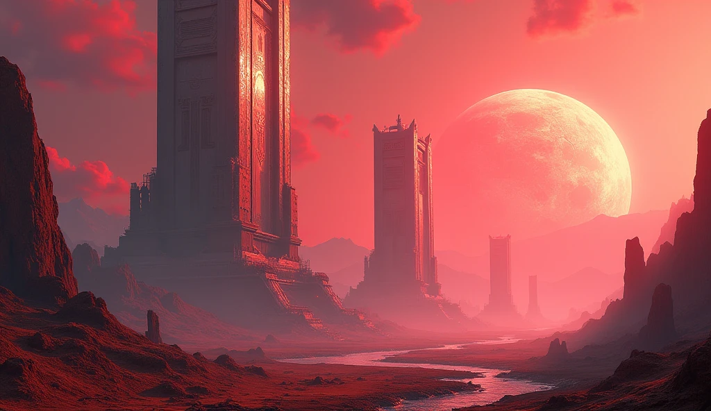 Colossal megastructures on an unknown planet, with a big red sun and pink skies