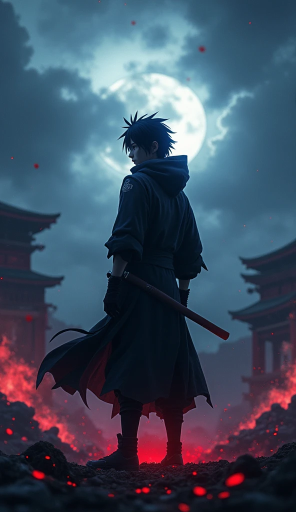A cinematic live action poster of Sasuke Uchiha, ultra realistic style, full-body shot, wearing black ninja outfit with red and blue aura, standing in front of a destroyed Konoha village, dark dramatic lighting, epic cloudy sky in the background, 4K resolution, moody color grading, film poster composition, with space for title and credits at the bottom, poster size 70x40 cm, printed on glossy photo paper 270gsm."