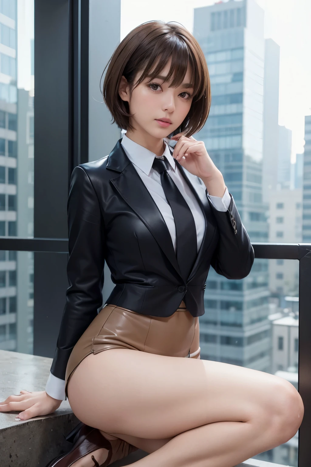 (photorealistic:1.6),(High resolution:1.6),(beautiful),((one woman)),(solo female:1.1),(one person photo:1.3),(beady eyes:1.3),(large eyes:1.3),(Light brown hair),(Bangs Bangs),(sexy),(cool beauty:1.3),chuuChloe,(Personality is lewd),(Glossy Skin),(Oily skin),(Front lighting),(Brightened up photo),(small Thong:1.4),(formal black jacket:1.4),(White shirt:1.3),(Office lady:1.2)