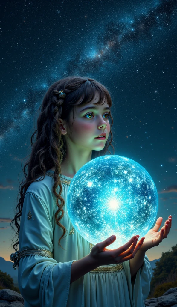 Child girl WITH STRAIGHT DARK HAIR, peroil blue BACKGROUND, a crystal ball in her hands.