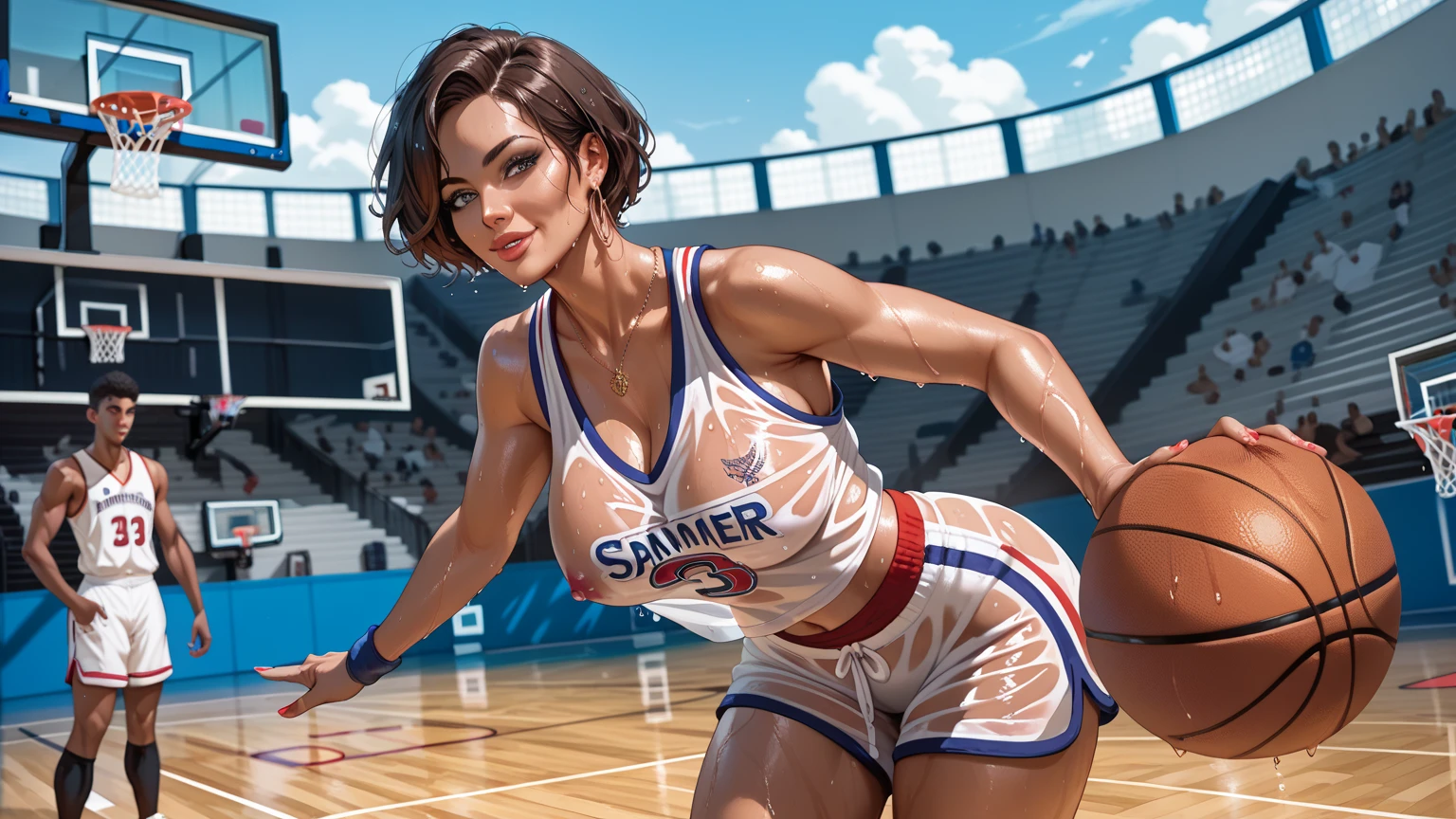 one girl standing, wearing a basketball shirt, very detailed, realistic, holding the ball, 27 years old, long hair　Dirty body　sweaty　beautiful breasts　exposed　liquid from nipples　　alien woman　alien woman　reverse rape　Slimy　saliva　Pissing　His whole body is facing me　attractive body　open legs　lure　Holding your chest close with your arms 