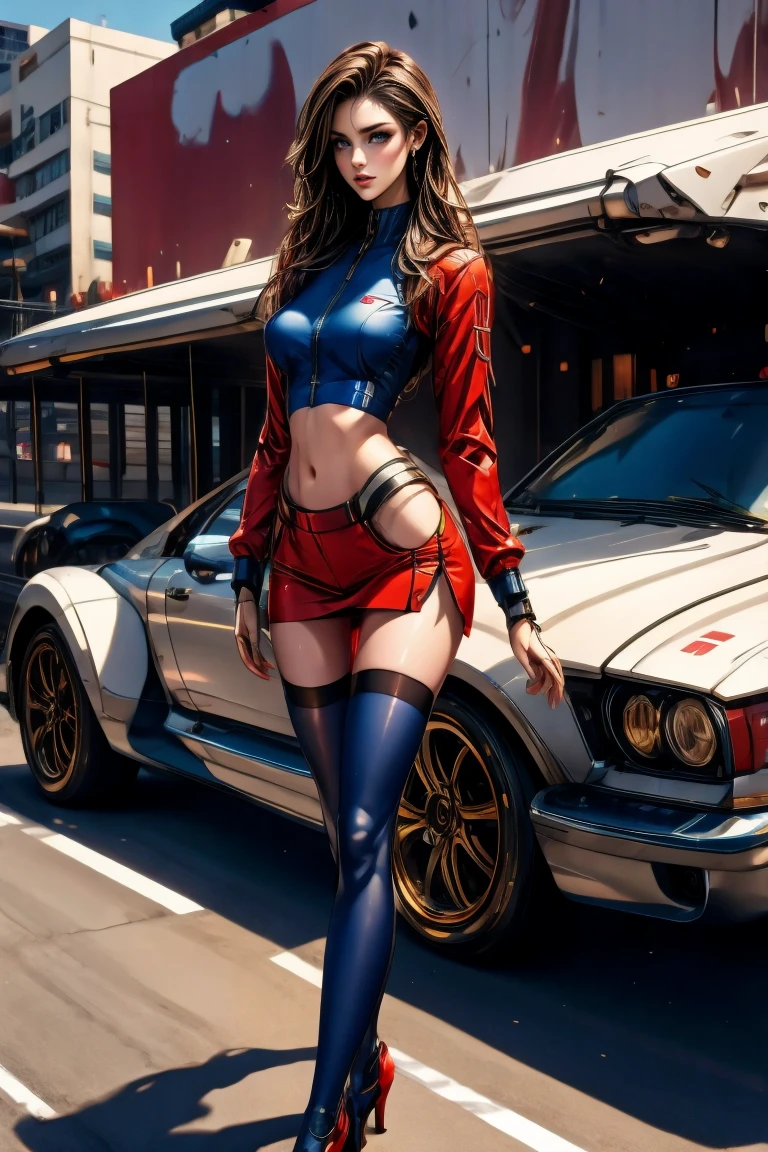 depth of field, cinematic lighting, motion blur, chromatic aberration, ray tracing, anime, 8k, super detail, best quality, 1080P, HD, 4K, 16k. Sexy Pit girl, outside, NASCAR, waring skin tight jumpsuit. Large cleavage, climbing out of the car