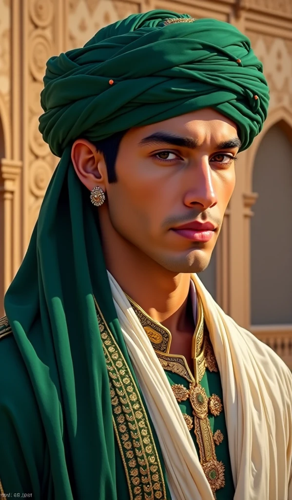 A beautiful young man with a green turban and a good Arab costume