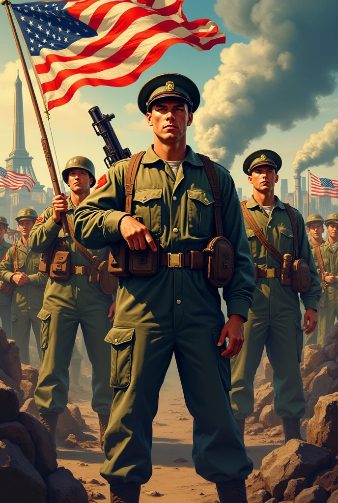 Recruiting posters for the United States Army to go to World War II and factories in action