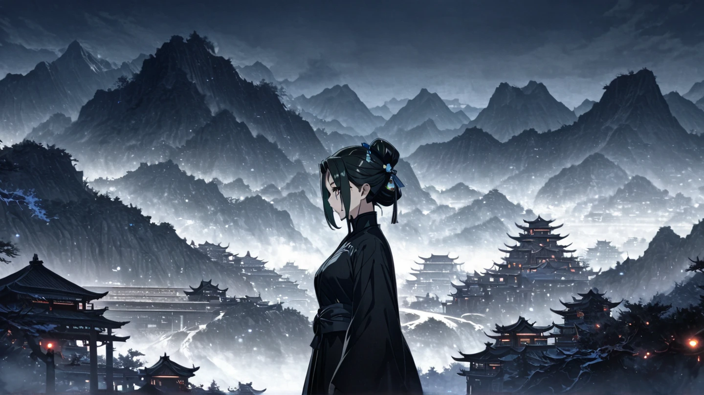 hair is midnight black. golden eyes, lean body, cold eyes, villain, mature woman, black martial hanfu, high collar,, Xianxia, cultivation, detailed clothes, detailed eyes, detailed face features, messy bob cut with no hair accessory, anime, high resolution, xianxia landscape, detailed landscape, sect, cultivation fantasy, human