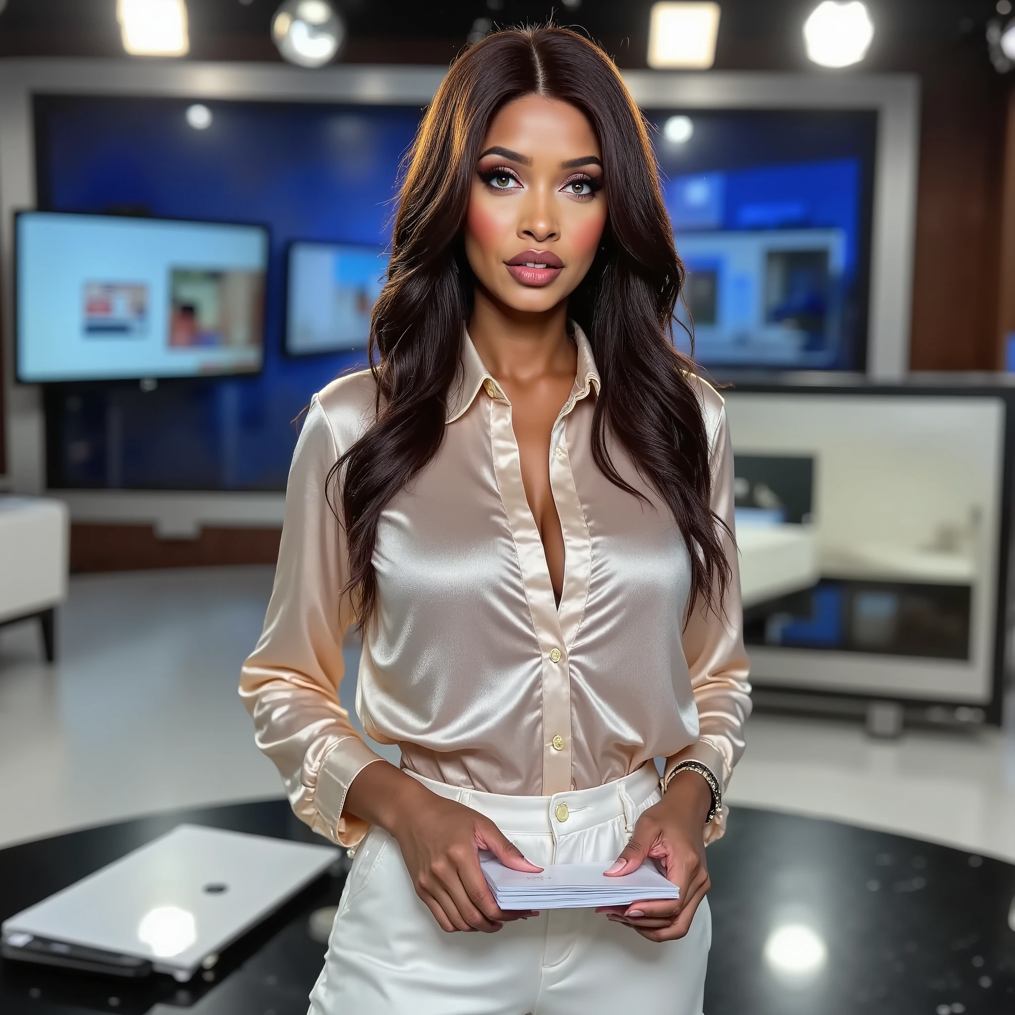 woman wearing a loose shiny silver blouse and white pantalon pants, holding small cue cards, news anchor, standing in a news studio, ready to present the news.