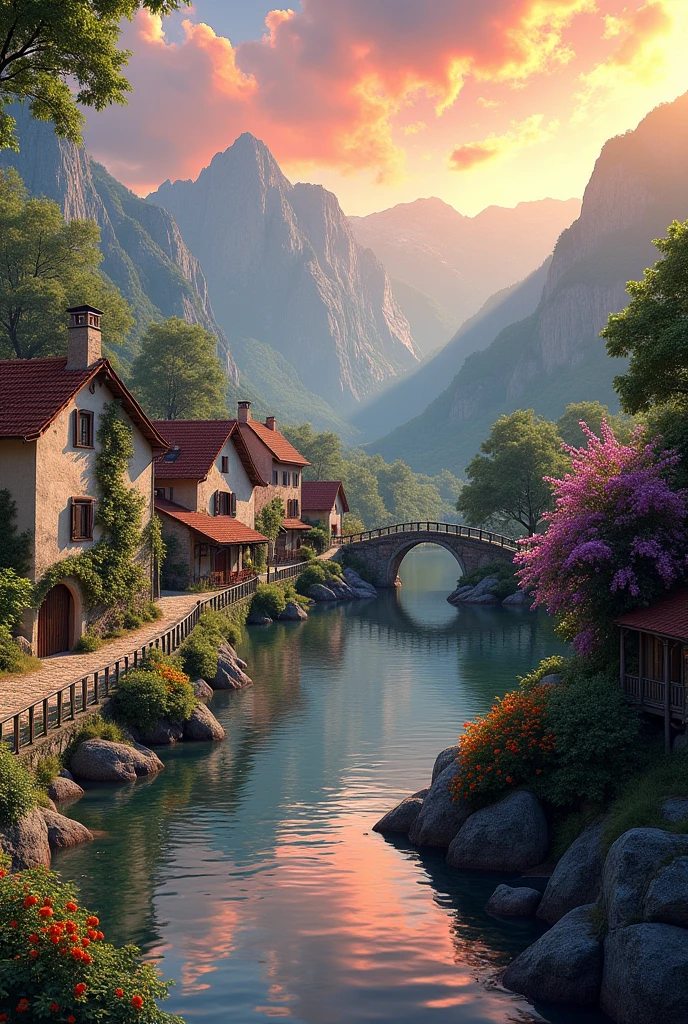 A small village by the river, mountains in the background, colorful flowers, detailed landscape style, beautiful natural scenery, atmospheric lighting,  scorching sunset ,  warm colors, practical, photographic, detailed foliage, complex buildings , cobblestone street, charming country house, vibrant colors, lush vegetation, reflections in the water, pitoresco, idyllic, work of art, Best Quality, 8k, extremely detailed, anime style
