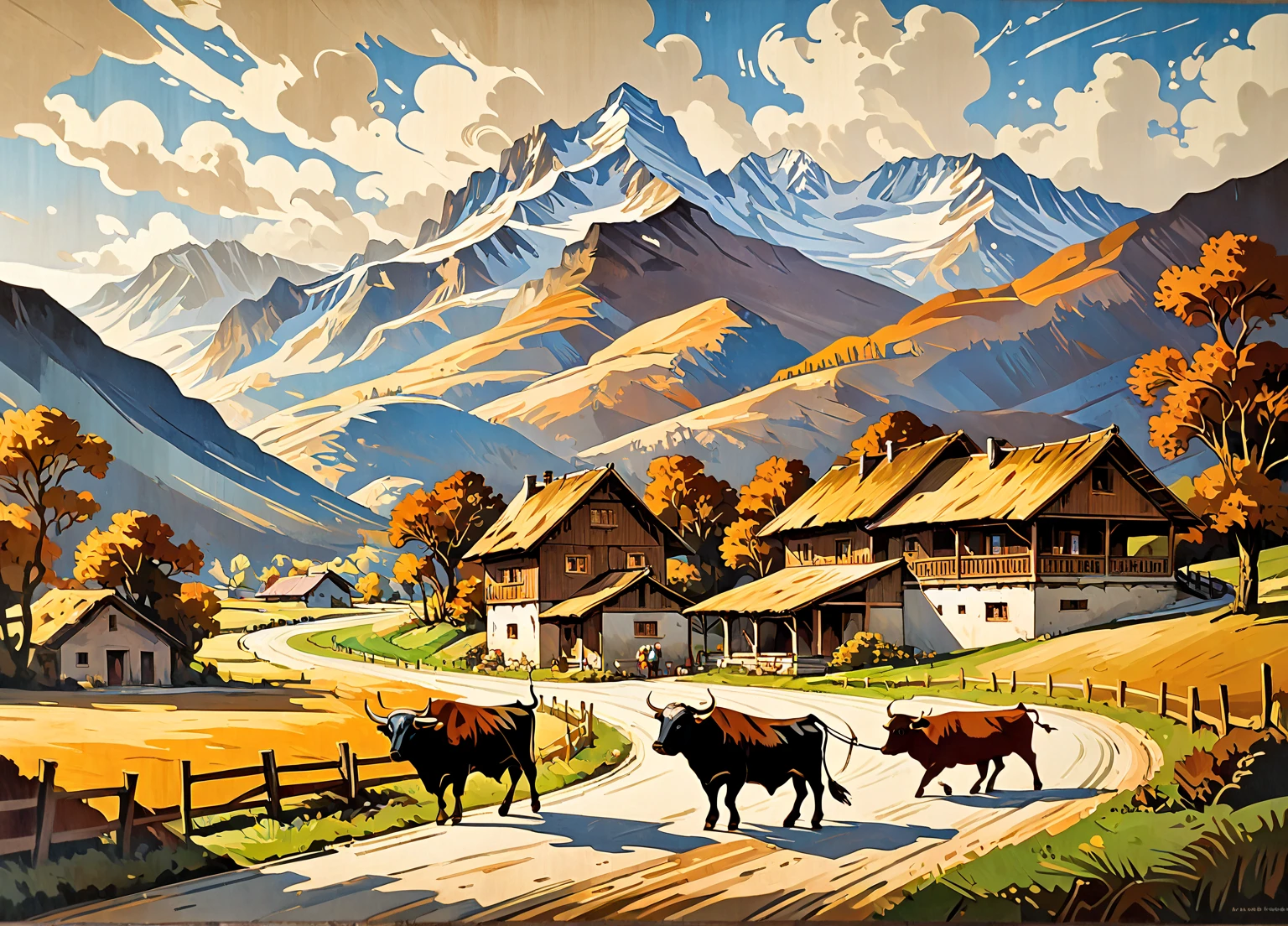 a magnificent work in marquetry representing a field with palinice and mountains and at the foot of the mountain a house and a road where an ox cart and a dog are moving