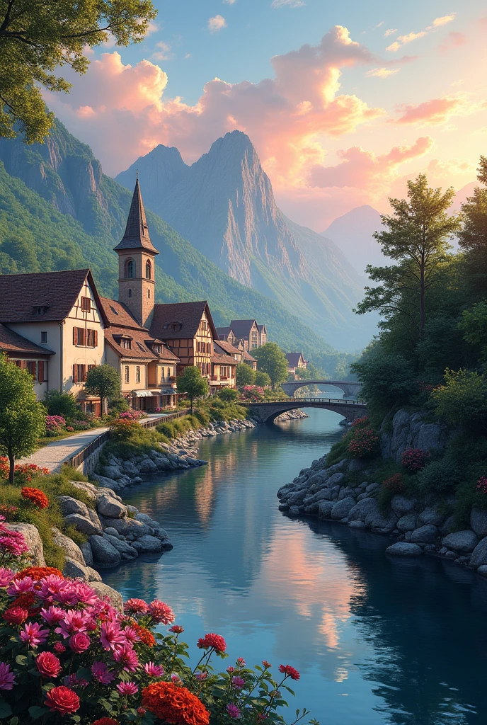 A small town by the river, mountains in the background, colorful floral flowers, detailed landscape, beautiful natural landscapes, atmospheric lighting, scorching sunset, warm colors, practical, photographic, detailed foliage, complex buildings, cobblestone street, charming country house, vibrant colors, lush vegetation, reflections in the water,  picturesque, idyllic, artwork, best quality, 8K, colors, anime style