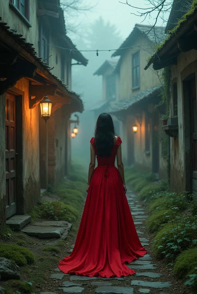 a beautiful red dressed girl walking through a haunted village