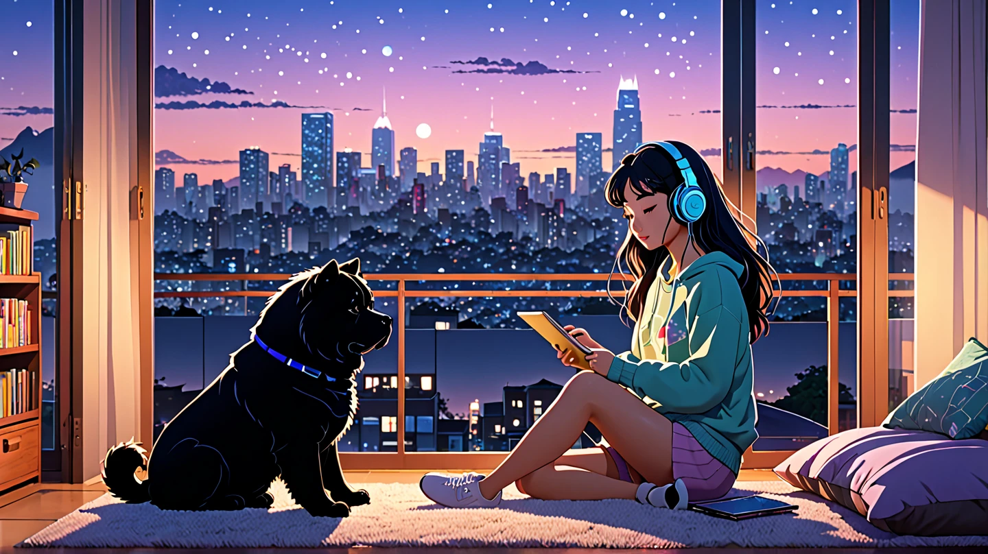 A stunning 3D anime-style scene featuring a black Chow Chow dog and a girl with long, straight hair, the two of them sitting on a cozy terrace, the girl is drinking coffee at dusk, in the background of her bedroom window is a vibrant cityscape. The girl is wearing large headphones, short shorts and a warm sweater, holding a cup of steaming coffee, the room is a messy age girl's room, with a tablet, computer, bookshelves, radio, and clothes scattered around, and a cityscape at dusk and a starry sky at dusk, she is focused on studying on a computer in deep thought, immersed in music, the Chow Chow dog is sitting next to her, looking peaceful but calm and happy. Soft ambient lighting and a cinematic depth of field create an immersive, dreamlike lofi vibe. A light mist in the air adds to the atmosphere. The entire composition is created to be relaxing, nostalgic and visually stunning, like a lofi music animation background. The scene is a perfect blend of anime aesthetics, warm lighting, evoking feelings of peace and inspiration.