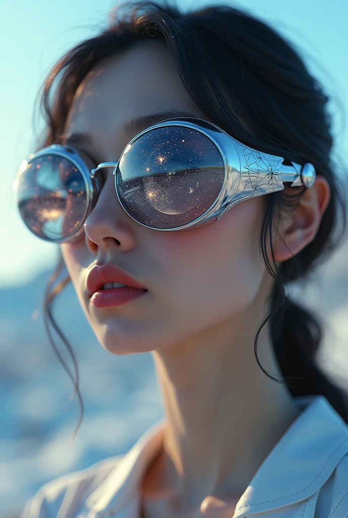 The model is wearing glass sunglasses with stars and the moon on the glass