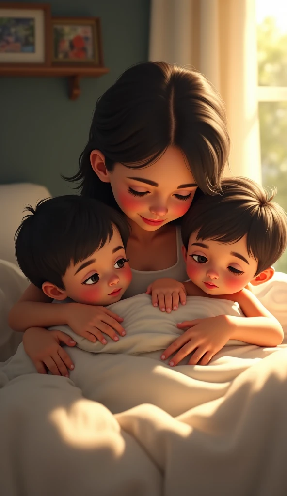 Create an image of an elder sister who is protecting her younger brother who is scared and shedding tears and she is protecting him