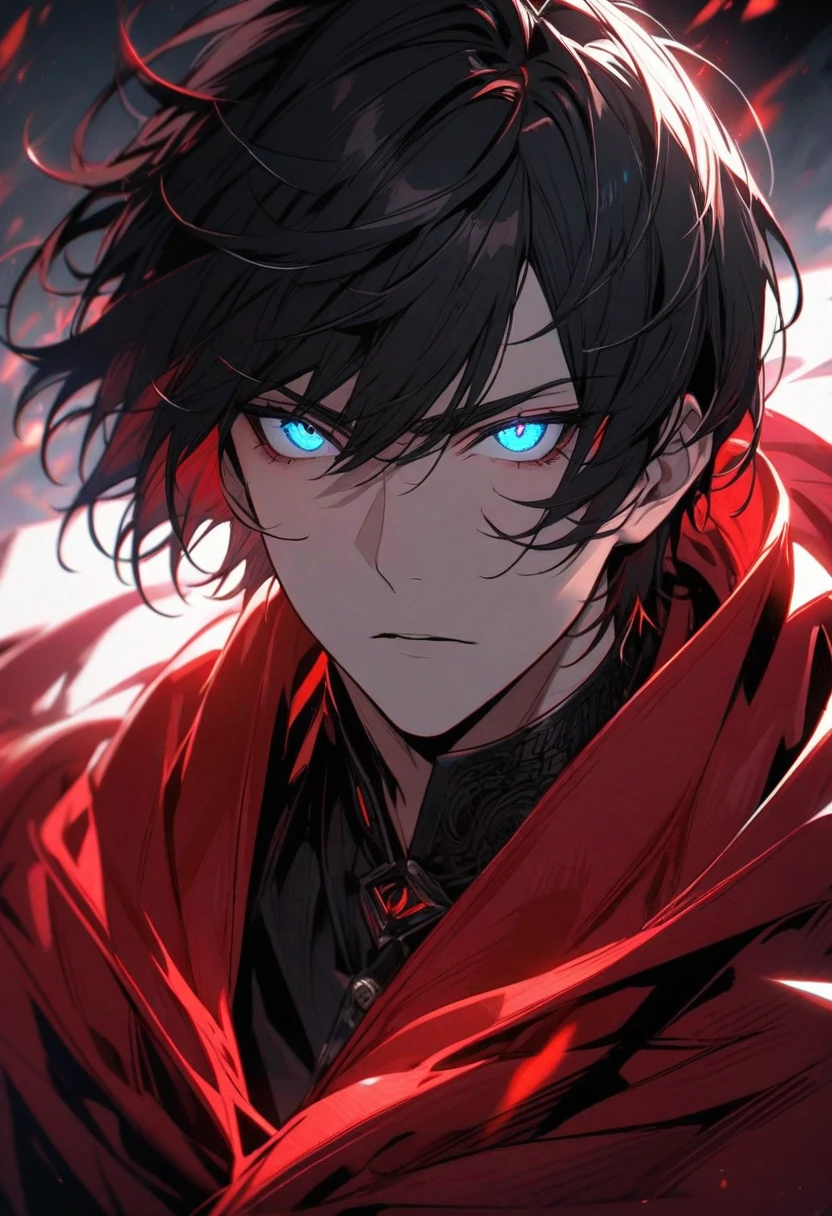 Male, solo, handsome, black hair, blue eyes, glowing eyes, red cloak, young, half body