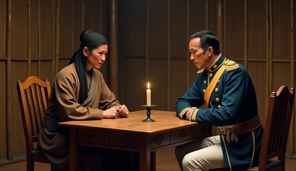 A historical scene of the second truce negotiation in December 1897 between Hoàng Hoa Thám and a French officer, inside a bamboo wooden room in Yên Thế. Hoàng Hoa Thám is sitting at the wooden table, dressed in a traditional 19th-century brown long robe with a cloth belt, black headscarf (khăn vấn đen), and rugged but determined expression. Opposite him, the French officer wears a 19th-century French colonial military uniform with blue coat, gold trim, and epaulettes, white trousers, and a mustache, looking stern but negotiating. A candle burns on the table, dim warm lighting, cinematic composition, high detail, 4k, historical style painting, soft shadows, realistic texture of bamboo walls and wooden furniture