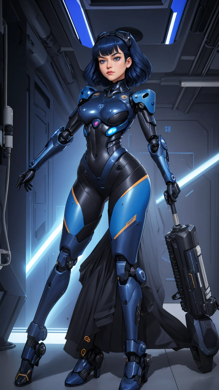 1 girl, thin body, dynamic poses, (accurate medium breasts:1.2), ultra-detailed, (viewer facing:1.2), (bright sunny day:1.2), (Intricate body details:1.3),(best quality:1.2), (Ultra Highres:1.1), carefully drawn hands, highly detailed face and eyes, (short dark blue hair:1.3), short bobcut, (huge ahoge:1.3), (glasses:1.3), (big yellow eyes:1.2), (sexy gynoid girl:1.2), (partially nude:1.2), full body shot, standing, front view, (futuristic library), bookshelfs, books, blury background, (transparent skin:1.2), internal glow from skin, mechanical parts of the robot are visible through the skin, doll joints