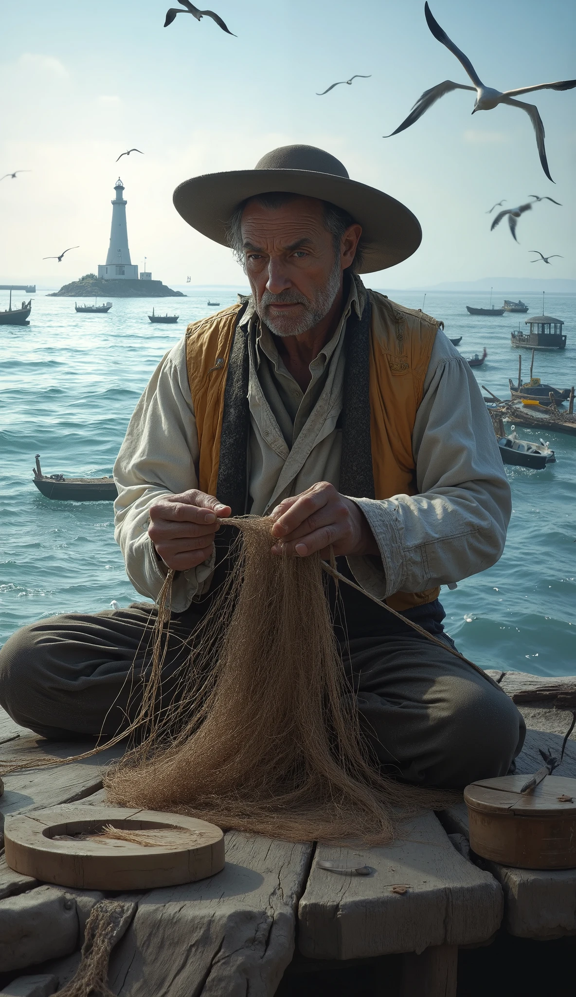 A weathered fisherman with deep lines on his face sits on a wooden pier, mending his fishing net. The waves crash against the shore, reflecting the late afternoon sun. His hands, rough and calloused, work with precision. In the background, fishing boats bob on the water, seagulls circle above, and a lighthouse stands tall against the open sky. (Extreme realism, ultra-sharp detail, soft natural lighting, photorealistic, 8K, storytelling depth)"