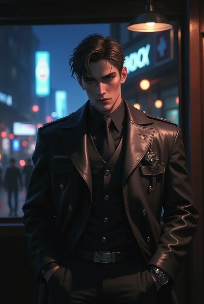 
Ryan Wolff, tall ex-soldier with german-american features, short tousled dark brown hair, visible faint scar on forehead, piercing bluish-gray eyes, chiseled face, muscular yet refined, dressed in vintage black combat suit with modern leather touches, subtle smirk, looking directly at camera, high-detail face, soft blurred background, rich baroque tones, light fog ambiance, classic oil portrait aesthetics, soft but strong atmosphere, elegant cinematic lighting
高解析度, 屢獲殊榮, 高細節, 傑作, 最佳質量, 非常詳細, 質感皮膚, 解剖學正確, 單人, 看著觀眾, 