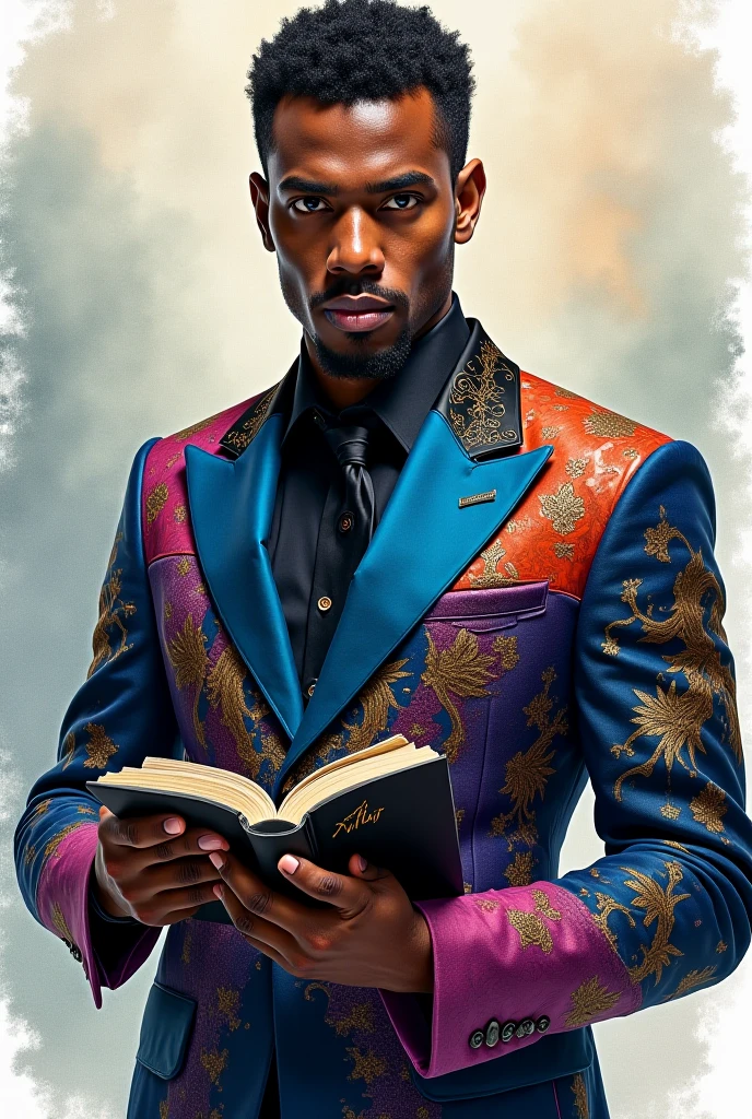 A dark-skinned man wearing a suit with blue, black, purple, red and gold colors with a black book with a gold caption."o autor" Instead of your semi-realistic watercolor head