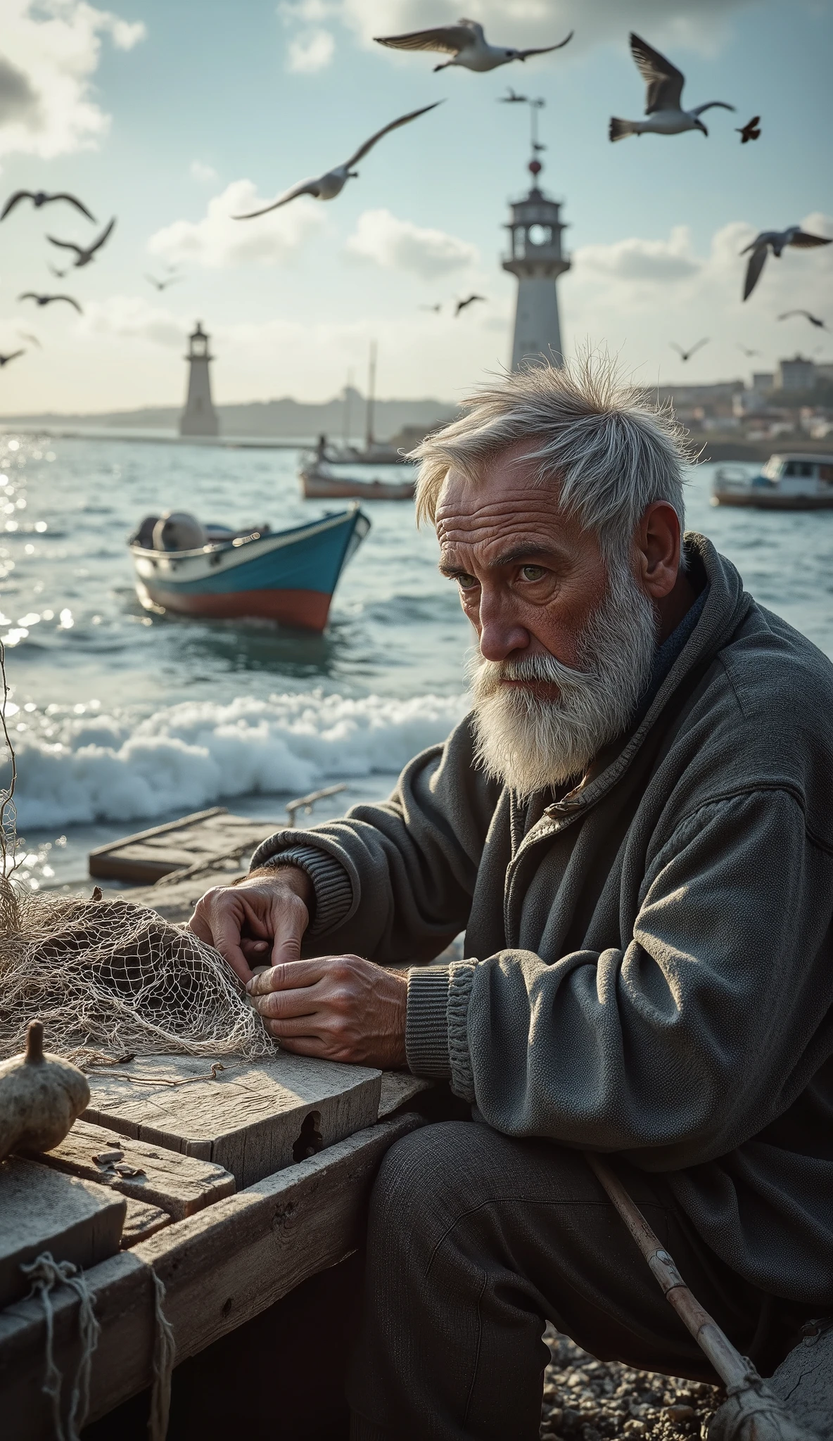 A weathered fisherman with deep lines on his face sits on a wooden pier, mending his fishing net. The waves crash against the shore, reflecting the late afternoon sun. His hands, rough and calloused, work with precision. In the background, fishing boats bob on the water, seagulls circle above, and a lighthouse stands tall against the open sky. (Extreme realism, ultra-sharp detail, soft natural lighting, photorealistic, 8K, storytelling depth)"