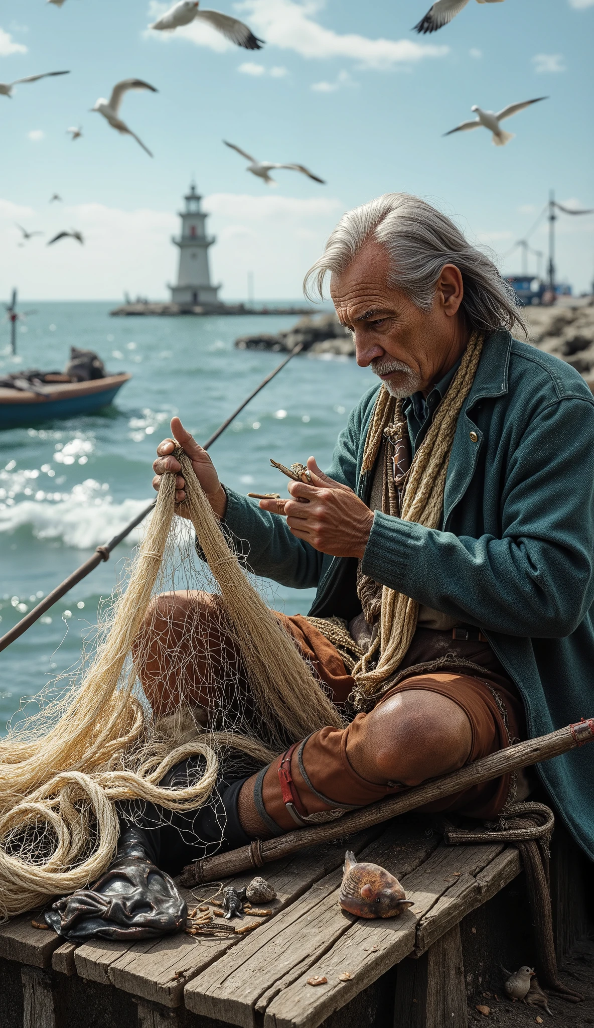 A weathered fisherman with deep lines on his face sits on a wooden pier, mending his fishing net. The waves crash against the shore, reflecting the late afternoon sun. His hands, rough and calloused, work with precision. In the background, fishing boats bob on the water, seagulls circle above, and a lighthouse stands tall against the open sky. (Extreme realism, ultra-sharp detail, soft natural lighting, photorealistic, 8K, storytelling depth)"