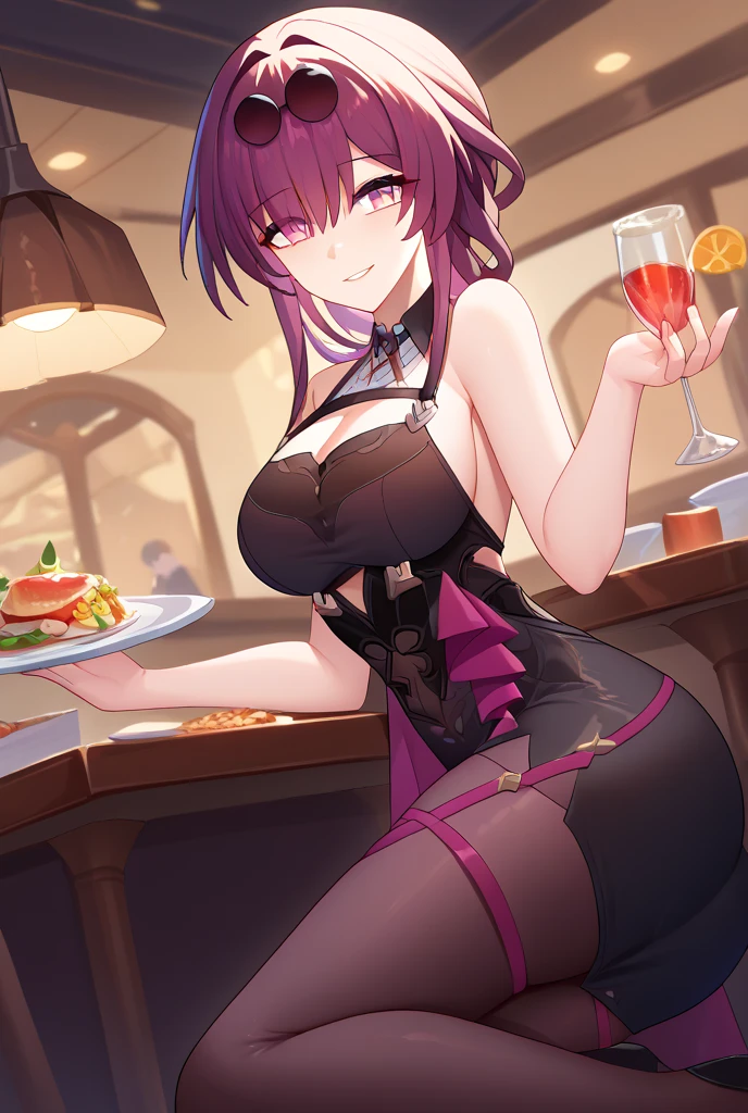 (cute:1.5), (masterpiece:1.3), Anime Visual, (Black Bunny Girl Costume, Red High Heels,High Leg, Fishnet tights, Black rabbit ears, Front view, She holds the tray in front of her chest、:1.3 ), (Love love:1.5), (Tilt your head:1.3), Very delicate face, Soft Clean Focus, Realistic lighting and shading, (Very delicate and beautiful art:1.3), elegant, (Calm colors:1.1),(Girl with long purple hair, ponytail, Purple eyes, Diagonal bangs,:1.4),slim,Moulin Rouge in Paris, Mysterious pink light, A little dark room,View the viewer,smile,