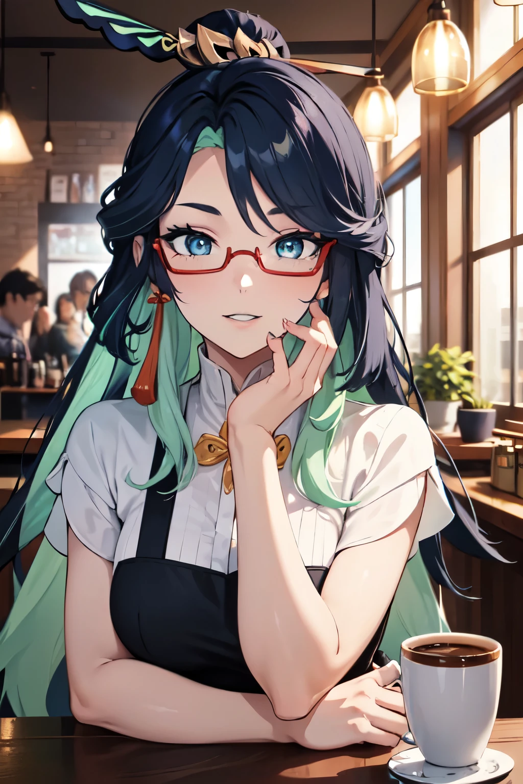 1 woman, One, looks at the viewer, Xianyun , gorgeous, (perfect eyes:1), beautiful eyes, pretty face, (perfect face:1.4), Ultra-detailed face, (detailed face:1.2), extra long hair, tail, hair ornament, half-rim glasses, earrings, high-heeled shoes, smile, lips spread, eyeglass adjustment , Ultra-detailed body, (detailed body:1.3), high quality, masterpiece, Ethereal,overdetailed,8 k, divine presence , Breathtaking beauty , bright colors reflect, coffee shop background, barista, tray, cup of coffee, bent arm , apron