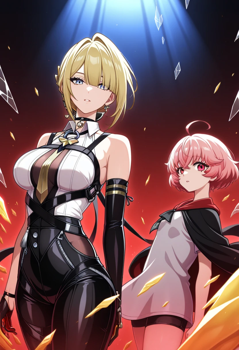 Buff, blonde, young lady, red eyes, short hair, on a white suit with golden details, with a cross necklace on the neck, front profile, christian, cultured,