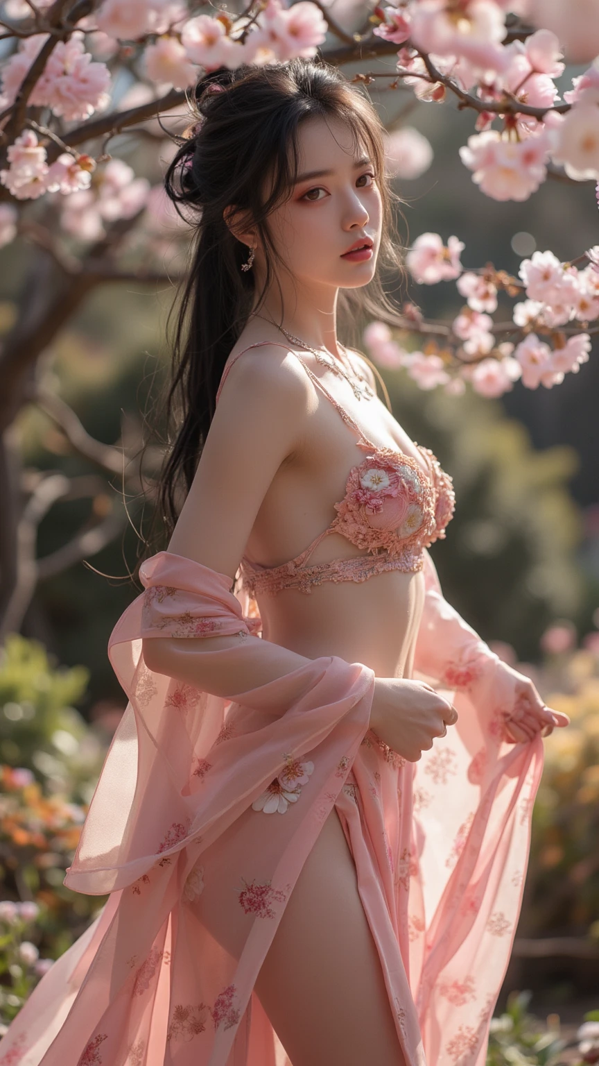 (highres,4k,8k,best quality,masterpiece:1.2),ultra-detailed,(realistic,photorealistic,photo-realistic:1.37),young woman,girl with long,flowing black hair,long shiny black hair,beautiful face,big,plump breasts,busty girl,breathtaking figure,radiant skin,flawless complexion,intense gaze,sparkling eyes, luscious lips,wearing a stylish outfit,trendy fashion,fitted dress,graceful posture,standing in a blooming garden, surrounded by colorful flowers,birds chirping in the background,sunlight casting a soft glow on her,atmospheric lighting,creating a dreamlike atmosphere,gentle breeze gently swaying her hair,creating a sense of movement,gaze filled with confidence and allure,exuding a captivating aura,bringing life and vitality to the scene,impeccable attention to detail,revealing the intricacies of her features,splashes of vibrant colors,harmoniously blending with the surroundings,enhancing the visual impact,ethereal and enchanting,conveying a sense of femininity and beauty,fine brush strokes and textures,adding depth and dimension to the image,masterful use of light and shadow,showcasing the artist's skill and expertise,timeless and captivating portrait,exuding both elegance and sensuality,leaving viewers captivated and inspired.