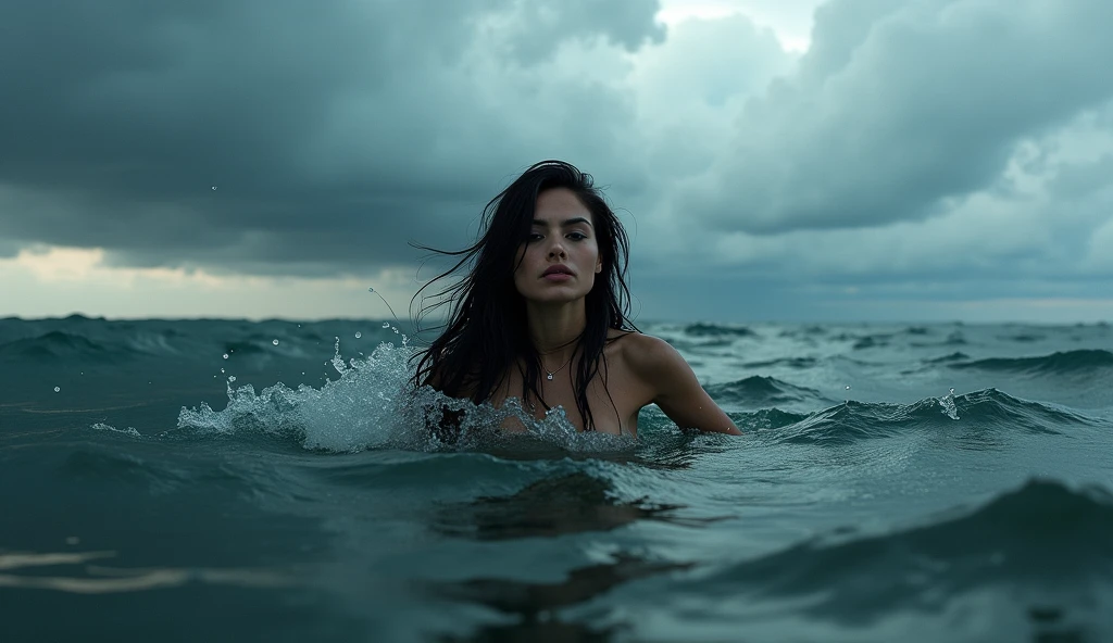 beautiful evil slavic muscular woman, pale skin, long hair, futuristic design, minimal details, photoreal, 200mm, hd, f/ 2.0, highly detailed, surreal, sitting, light smile, against the backdrop of the ocean, dark clouds and black stones, masterpiece，best quality，original photo，high resolution，Mermaid，snake，Smile，portrait，close shot，color，varied actions, cinematic, professional, 4k, (((dynamic model pose))), sitting, full body, mesmerizing, dynamic, dramatic, sensual, dynamic pose, highly detailed skin with hair, subcutaneous veins, light and shadow play, highly detailed,24mm photograph, film, bokeh, professional, 4k,