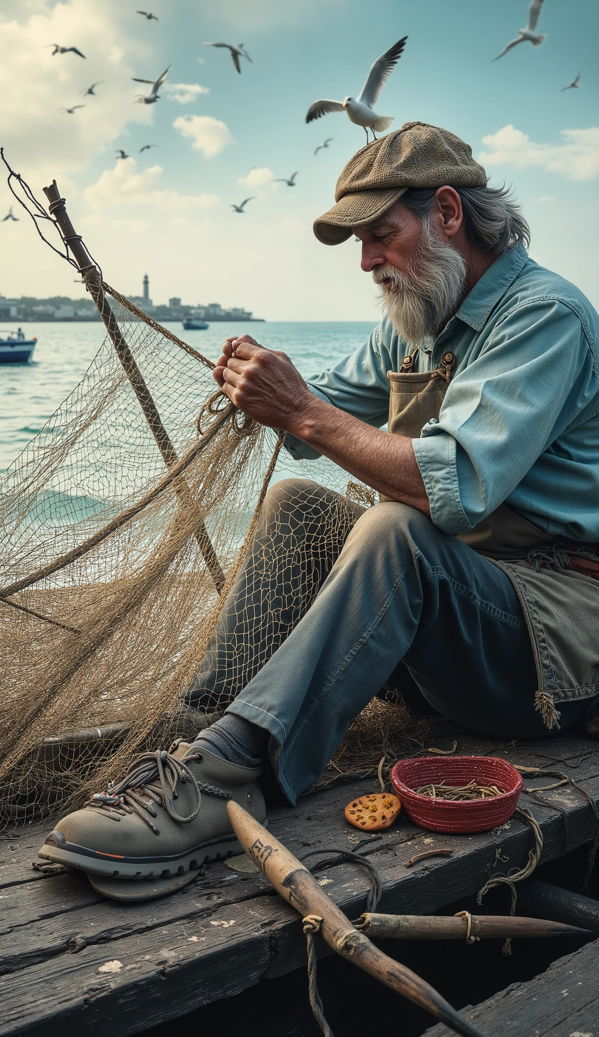 A weathered fisherman with deep lines on his face sits on a wooden pier, mending his fishing net. The waves crash against the shore, reflecting the late afternoon sun. His hands, rough and calloused, work with precision. In the background, fishing boats bob on the water, seagulls circle above, and a lighthouse stands tall against the open sky. (Extreme realism, ultra-sharp detail, soft natural lighting, photorealistic, 8K, storytelling depth)"