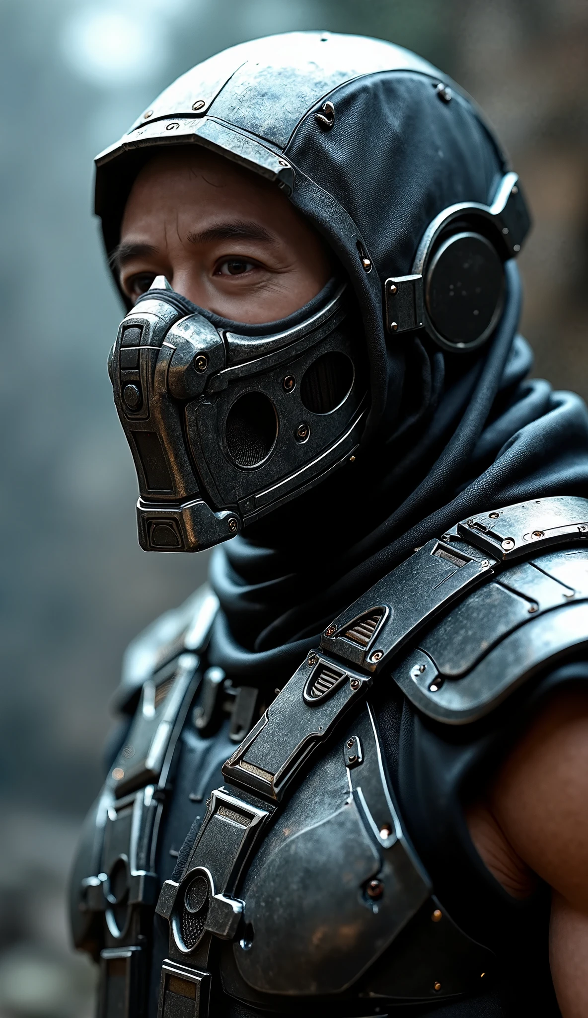 It's super realistic like Kabal, focus on the upper body, with a shiny metallic suit and impactful details, and a striking background: "Hyper-realistic Close-up by Chris Pratt as Kabal, the ruthless runner and former member of the Black Dragon from Mortal Kombat. He stands in a dynamic and powerful pose, with an intense and threatening expression, transmitting speed and ferocity. He wears a shiny metallic suit, with intricate details and reflections that highlight the shimmering material. Your breathing mask and high-tech equipment are highly detailed, with brilliant reflections and futuristic patterns. The lighting is dramatic , with undulating shades of black and silver , creating strong contrasts between light and shadow. estrutura: made of a dark and resistant metal, the mask covers the entire face of this Kabal, hiding his grotesque scars. Its design is angular and reinforced, with aggressive lines that accentuate his menacing appearance. Respiratory system: Two large side valves act as respiratory filters, emitting a distinctive sound when it breathes, similar to a mechanical sigh and menacing. The function not only keeps Kabal alive, but it also adds a psychological effect against your opponents. Eyes and Visors: The eye area is covered by obscuration or red in some versions, giving it a ghostly and impersonal aspect, as if he were an inhuman predator always lurking. Colors and Finish: The mask varies between dark metallic tones, matte black and aged silver, with a worn and scratched appearance, evidencing years of brutal battles. variations : In some versions of the franchise , the mask has additional details, such as small tubes and reinforcements that make it even more technological or demonic, depending on the iteration of the character. Kabal's mask is not just an accessory: are part of his identity, representing your survival, his revenge and his ruthless combat style. 8k