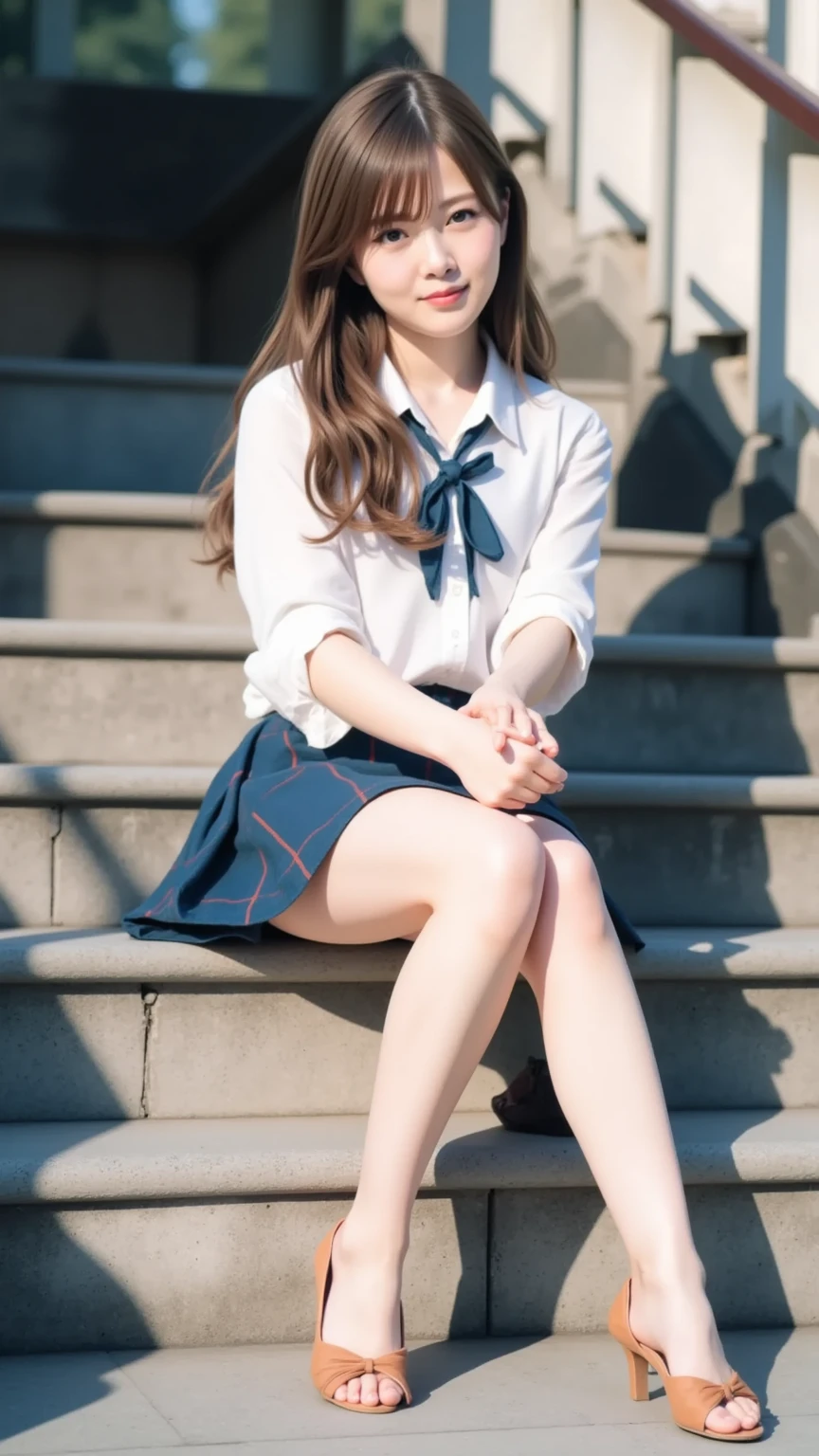 japanese girl 、cute、Raw photo、(((Ultimate beauty full body photo shoot)))、((glowing skin))、1 girl、overhead、beautiful girl、bright look、((brown haired))、pleated skirt、View from the floor、(long stockings or pantyhose)、(Panty shot)、legs open、squat、counter point shot、((Super detailed))、(perfectly detailed face)、(fine hands)、(finger details)、(good human structure)、A photorealistic masterpiece、最high quality、Super detailed、film light、intricate details、High resolution、very detailed))、detailed background、8KUHD、Digital single-lens reflex camera、soft light、high quality、film grain、Fujifilm XT3 、shallow depth of field、natural soft light、Kamimei、