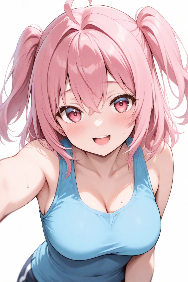 (8K, top-quality, masterpiece:1.2), (reallistic, Photorealsitic:1.37), Super Detail, One girl,), (Highly detailed), (beautifully detailed eyes), (of the highest quality), (super detailed ), (masterpiece), (Detailed face),20yr old, ,1 girl, ((pink hair,long hair)), medium breasts, clothed, Perfect Lighting, BREAK (royal blue, white stripes:1.3), (blue bloomers:1.5), (white trim:1.4), (sports bra, fuchsia:1.4), (white quarter socks:1.2), BRAKE (upper body to thighs:1.1), (smile:1.2), (looking at viewer:1.1), (running:1.2), (white background:1.1), (dramatic lighting:1.1), BRAKE