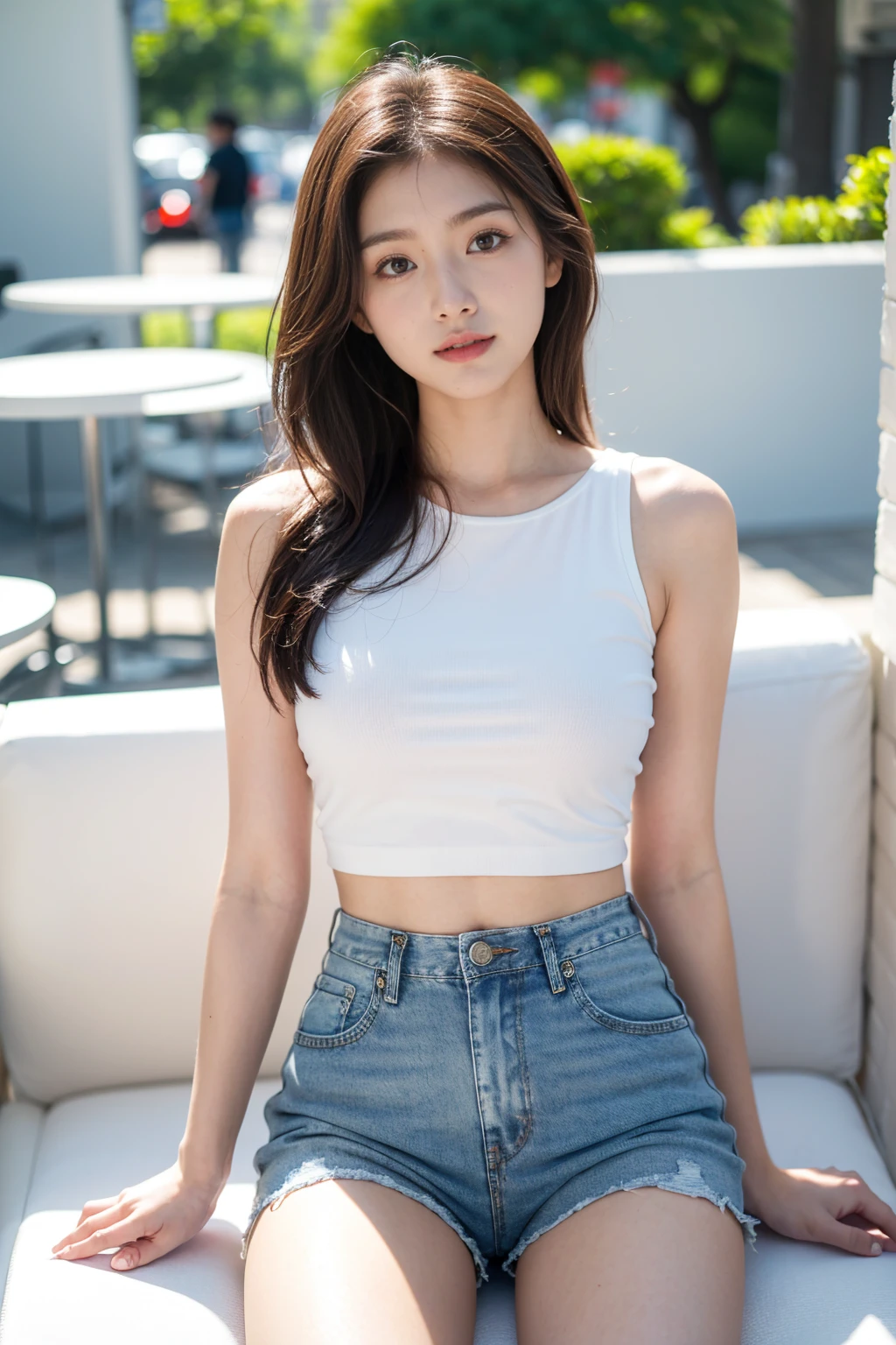 A perfect young female in black tank top and oversize hight waist jean,  in the coffee, CG rendering, Blurred background, deep shadow,  16K, bokered,   Very detailed, wallpaper, depth of field, movie light,, Ray tracing.