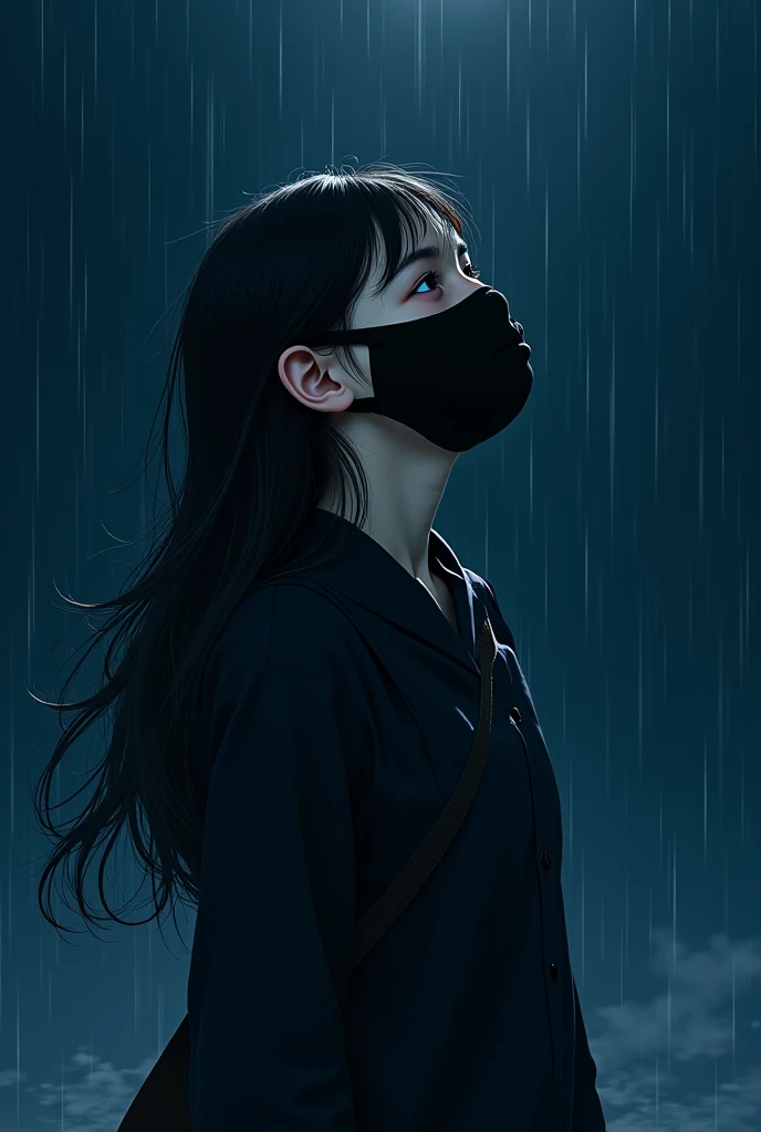 Studio ghibli style, long hair under a rainy night, bag dressed in black, create a picture with a girl wearing a black mask looking up at the sky