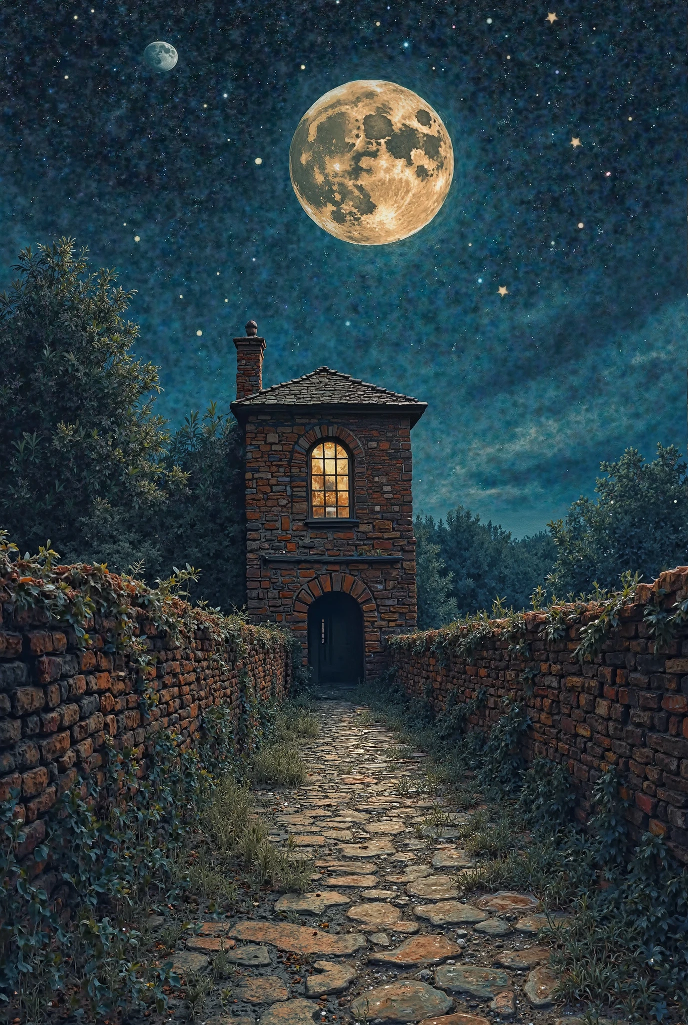 The shooting from the dark side from the bottom to the top is a depiction of an ancient fence.. buildings are made of a brick room at the top of the fence. Part of it shows an ancient moon between the stars of this part of the fence. As the fence extends after this scene, it disappears in the dark. The pattern of the picture is close to oil colors