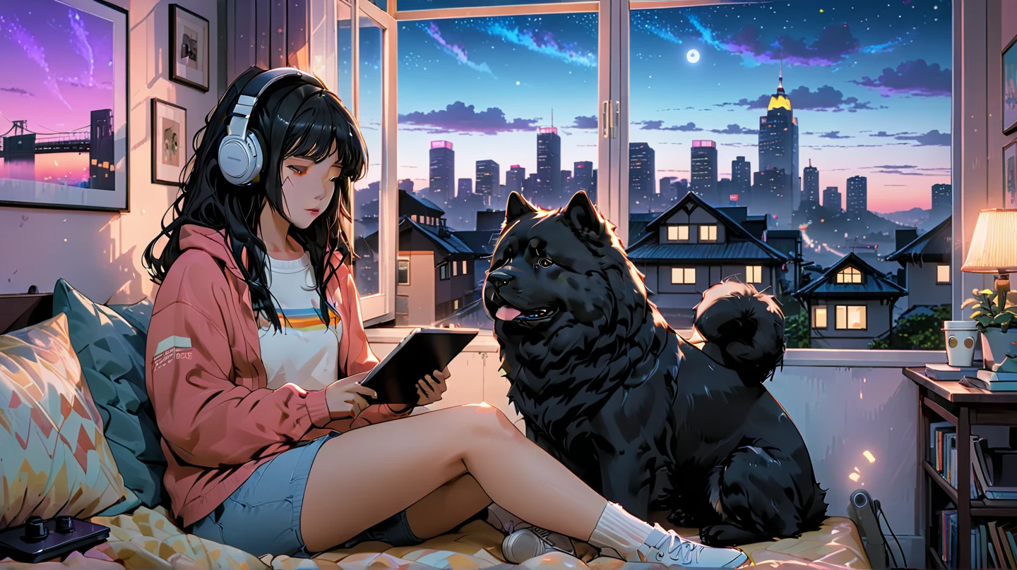 A stunning 3D anime-style scene featuring a black Chow Chow dog and a girl with long, straight hair, the two of them sitting on a cozy terrace, the girl is drinking coffee at dusk, in the background of her bedroom window is a vibrant cityscape. The girl is wearing large headphones, short shorts and a warm sweater, holding a cup of steaming coffee, the room is a messy age girl's room, with a tablet, computer, bookshelves, radio, and clothes scattered around, and a cityscape at dusk and a starry sky at dusk, she is focused on studying on a computer in deep thought, immersed in music, the Chow Chow dog is sitting next to her, looking peaceful but calm and happy. Soft ambient lighting and a cinematic depth of field create an immersive, dreamlike lofi vibe. A light mist in the air adds to the atmosphere. The entire composition is created to be relaxing, nostalgic and visually stunning, like a lofi music animation background. The scene is a perfect blend of anime aesthetics, warm lighting, evoking feelings of peace and inspiration.