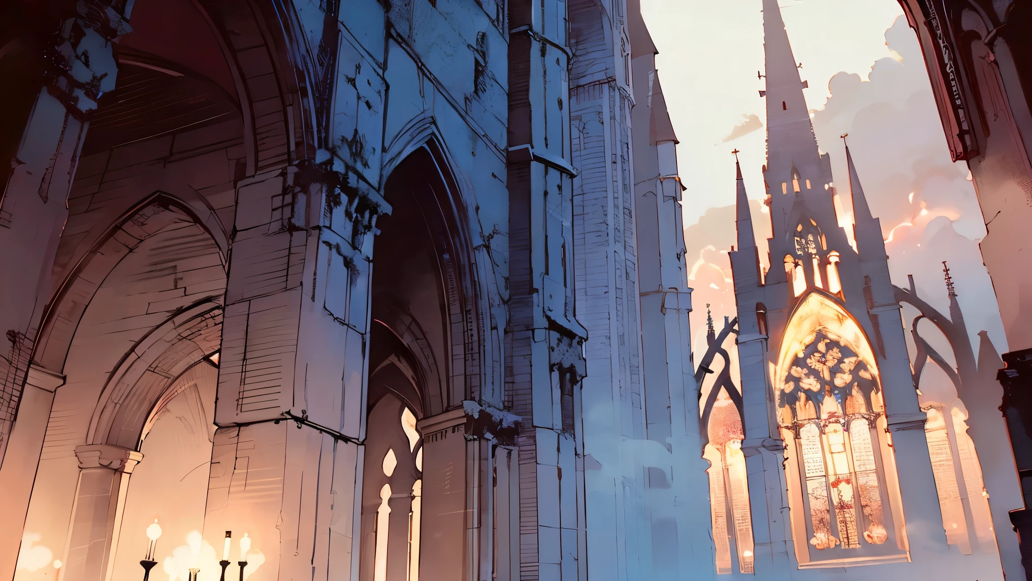 masterpiece, best quality, gothic cathedral ruins at night, pale moonlight, broken stained glass windows, fog in the air, red glow inside, dark romantic fantasy style, cinematic lighting, soft shadows, melancholic atmosphere, 4k resolution