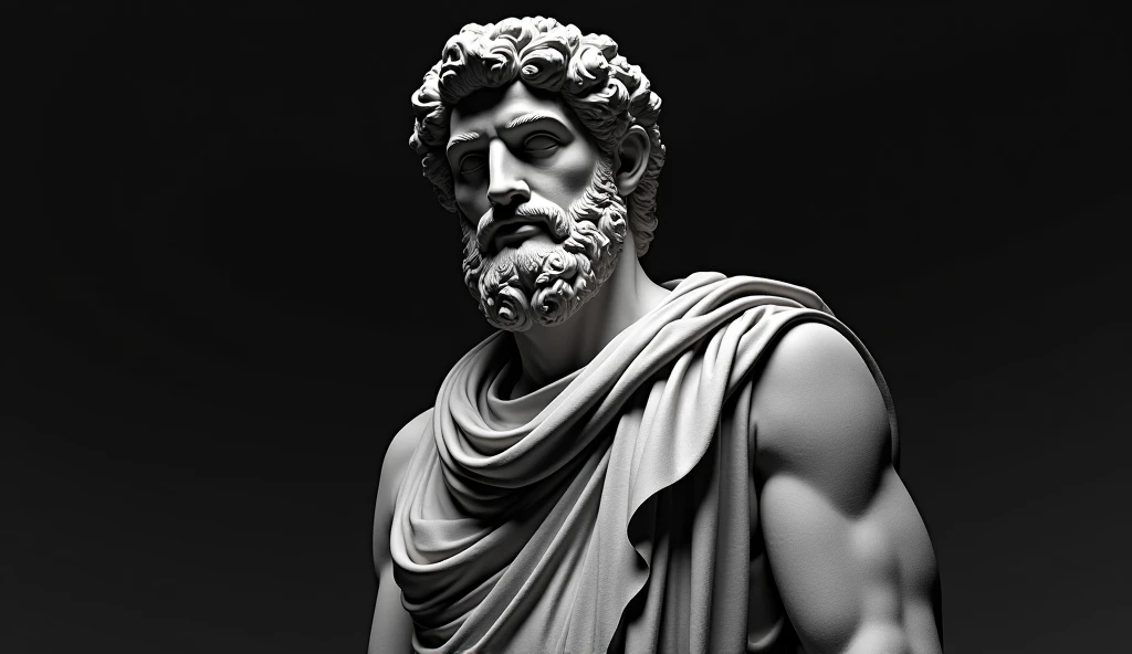 A realistic Greek white marble statue of Aristotle, brawny, brave and scary, detailed wearing a ghostly toga, neutral background, temperamental, , photorrealistic, Horror Movie Dinner, super detailed, hyper realist, darkness background,, serious face, powerful background, dark surroundings, smart