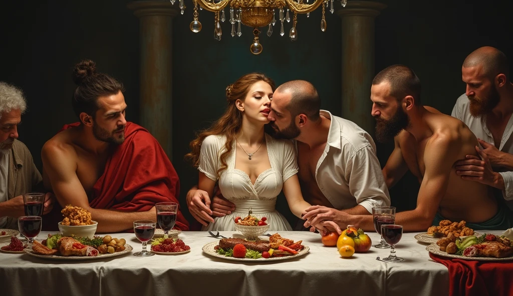 Square photo with naked couple with bowls of red liquid and bitten apple