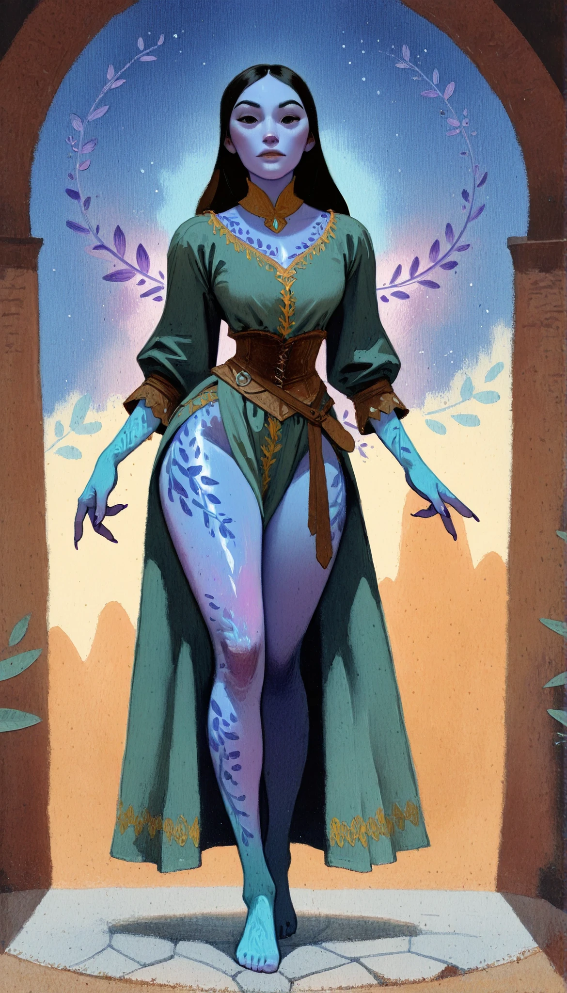 drki, 1girl, full body shot, posing, vibrant violet skin, looking at viewer, black hair, detailed face, detailed fingernails, detailed face, detailed medieval clothes, fantasy aesthetic, painterly illustration, gouache painting, soft illustration, 2d art, abstract background, masterpiece, best quality, xss, ExpresHGothicNeonIncase, Smooth Quality