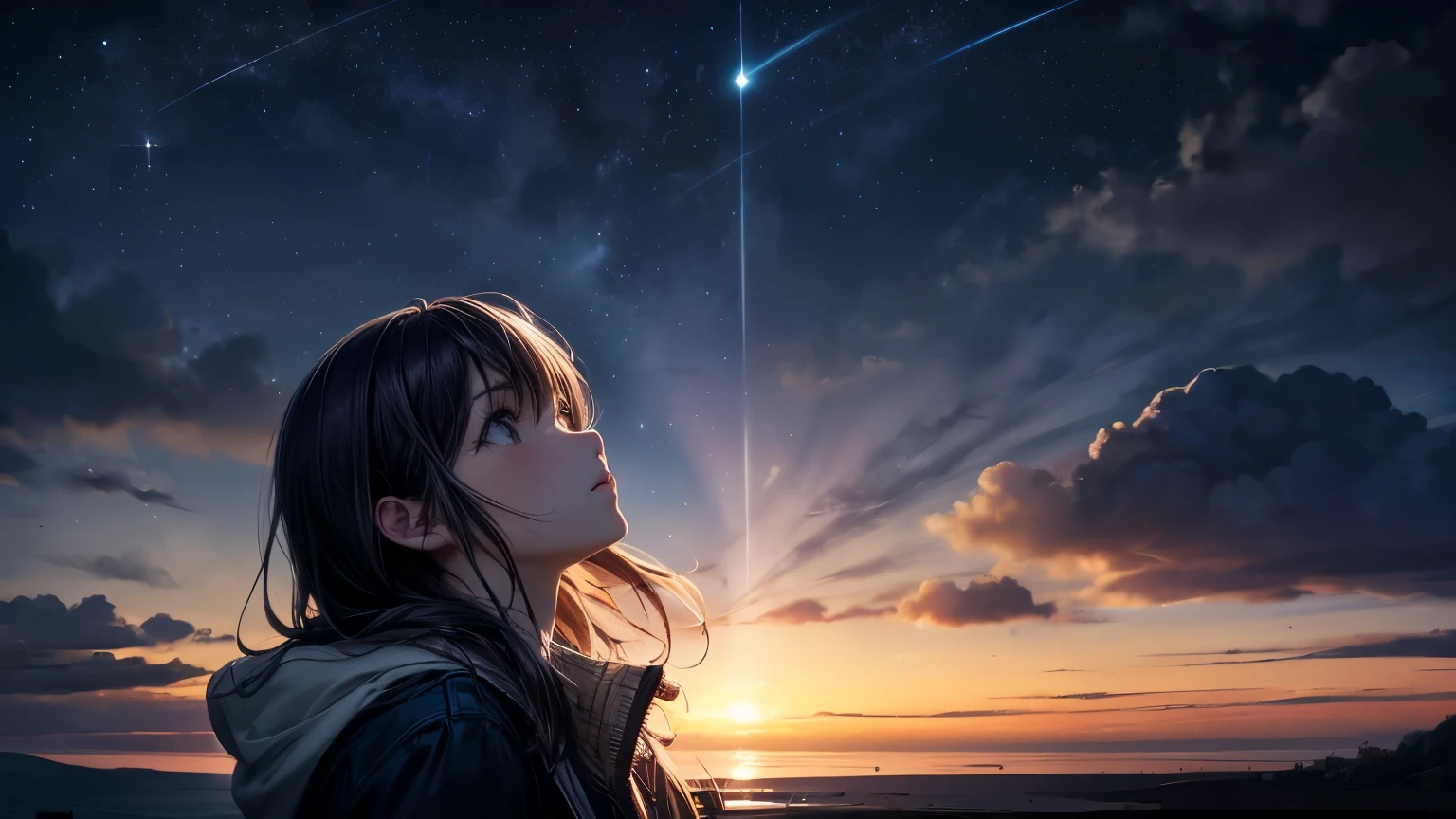((masterpiece, In 8K, High resolution, realistic)), (masterpiece, side light, fine and beautiful eyes: 1.2), ((Distant view)), Anime style, 1woman, anime characters in a scene with a sky background, your name movie style, Stills in TV anime, yourname, Night sky, starry night, moonlit night, (((looking away from camera))), (((Looking up at the night sky))), Calm, Soft dramatic lighting, depth of fields, Bokeh, vibrant detail, hyper realistic