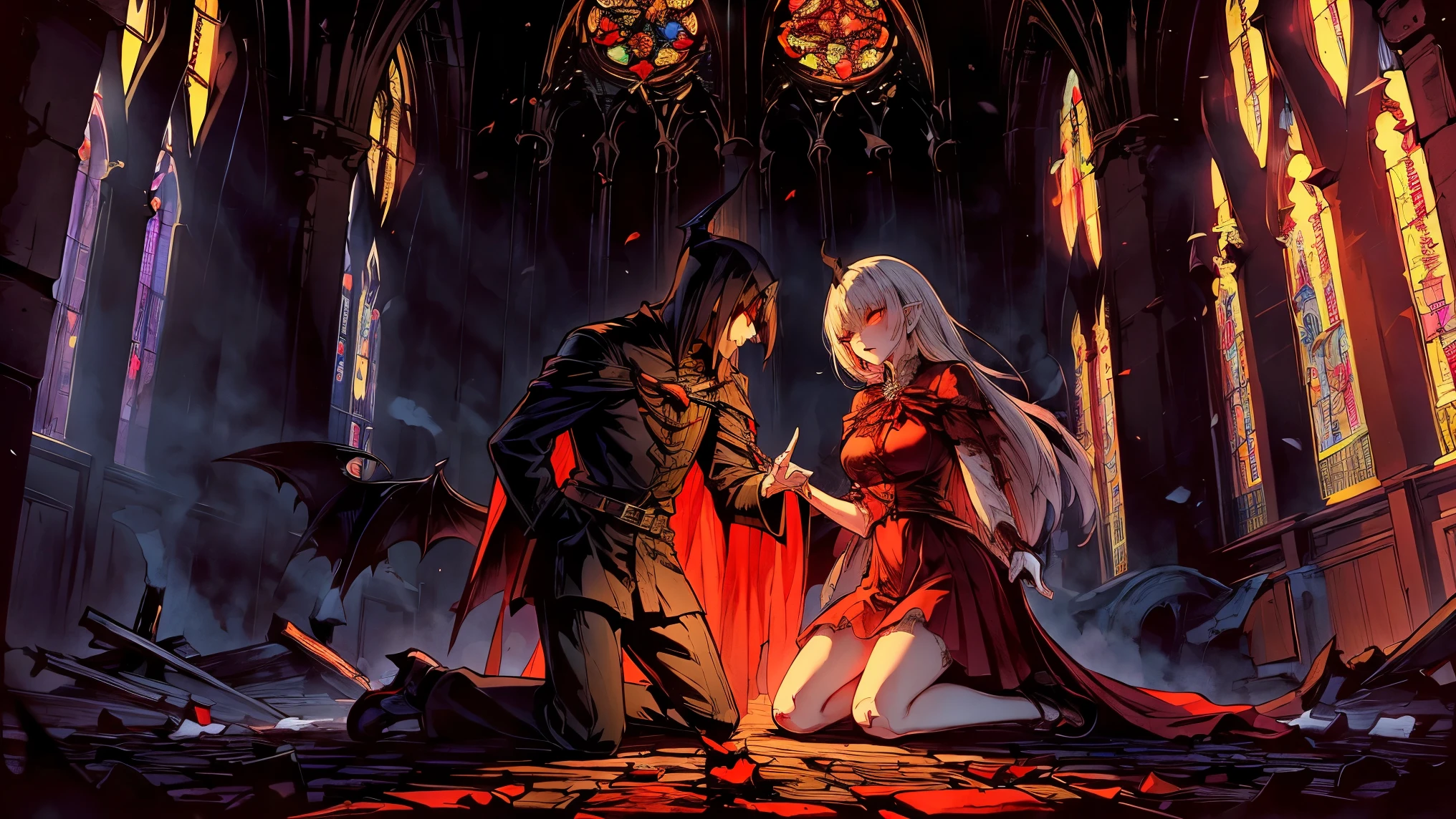 masterpiece, best quality, seductive demon woman kneeling beside wounded vampire hunter, her hand glowing on his chest, soft red and white light from broken stained glass, gothic cathedral ruins, emotional tenderness, cinematic lighting, dark romantic tone, 4k resolution