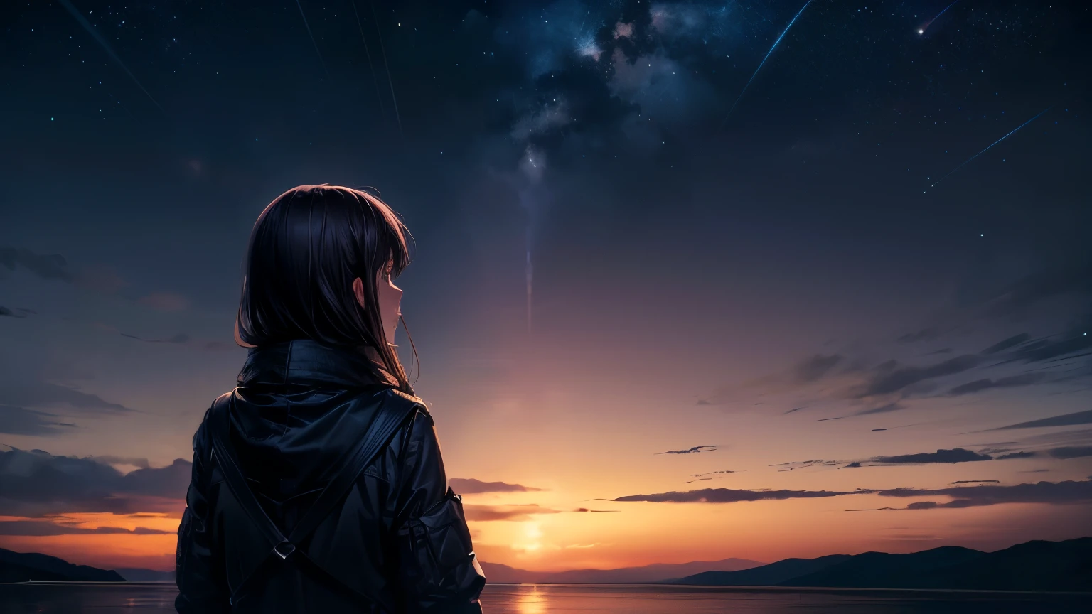 ((masterpiece, In 8K, High resolution, realistic)), (masterpiece, side light, fine and beautiful eyes: 1.2), ((Distant view)), Anime style, 1woman, anime characters in a scene with a sky background, your name movie style, Stills in TV anime, yourname, Night sky, starry night, moonlit night, (((looking away from camera))), (((Looking up at the night sky))), Calm, Soft dramatic lighting, depth of fields, Bokeh, vibrant detail, hyper realistic