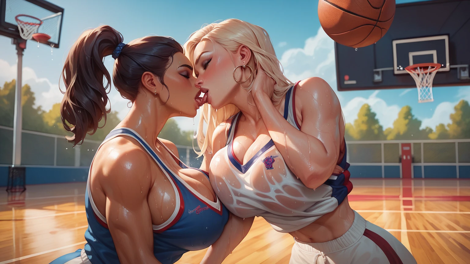 ((hyper-realistic, photo-realistic, 8k, intricate details)) two hot volleyball players, fleshy lips, large breasts, wearing bikinis (highlight on breasts and thighs), smile and hug each other erotic after a win (details for their soiled and sweaty bodies)."